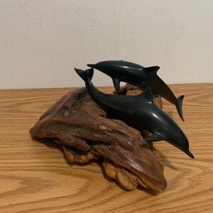 John Perry Sealife Sculpture Dolphins on Burlwood Base